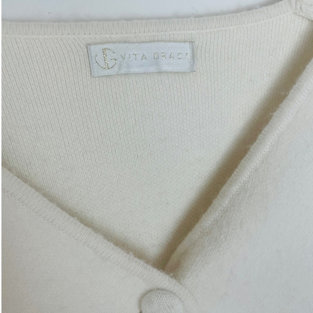 Vita Grace Wool Blend Asymmetric Button Cardigan Cream Puff Shoulder V-Neck - Picture 7 of 7